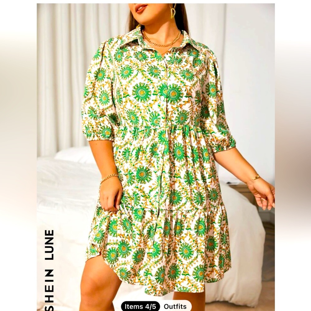 SHEIN Green and White Floral Midi Dress